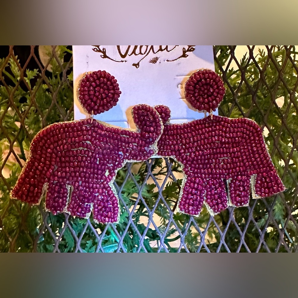 Maroon Elephant Mascot Seed Bead Gameday Earrings